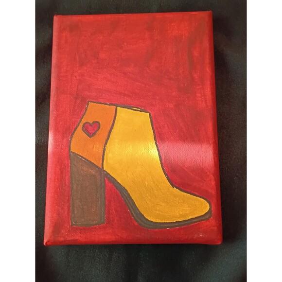Handpainted Brown High Heel Boot Acrylic Painting On Canvas Wall Decor 5x7" - Picture 2 of 2